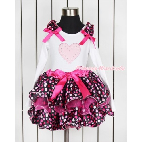 Valentine's Day White Baby Long Sleeves Top with Hot Light Pink Heart Ruffles & Hot Pink Bow & Light Pink Heart Print with Hot Pink Bow Hot Pink Hot Light Pink Heart Petal Baby Pettiskirt NQ15 